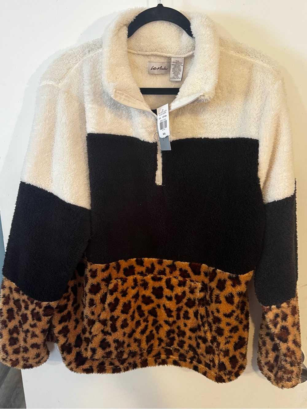 Le Moda Cozy Colorblock Sherpa Pullover - Cream, Black & Leopard - New With Tags